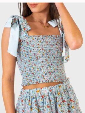 KOCH Cece Top Smocked Summer Bouquet Blue Floral Sz L